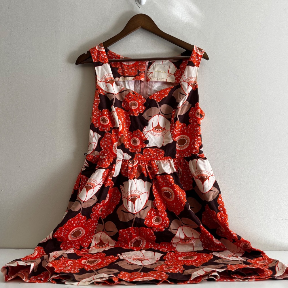 ModCloth Women's Lg Floral Flare Dress Orange Brown Retro Linen Blend Fall